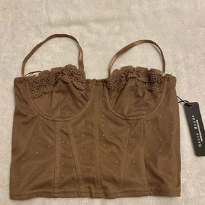 Light Brown Ribbed Corset Tank Top with Dots & Lace Details